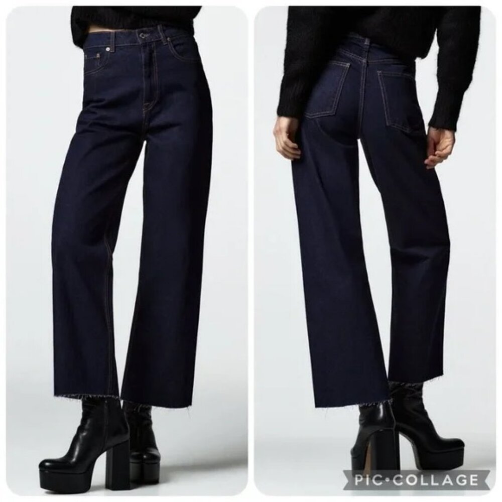 Zara Cropped 90s Jeans 2 High Rise Waist Raw Frayed Hem Dark Wash Blue Denim NEW - Picture 2 of 12